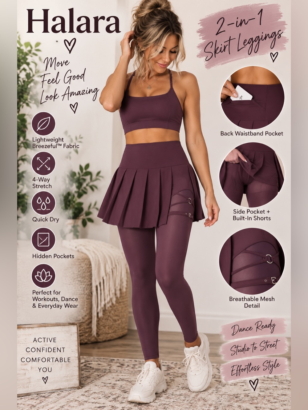 Halara Breezeful Pleated 2-in-1 Mesh Dance Leggings 7/8 Medium NWT